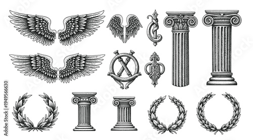 set of patterns and ornamental vector elements featuring ornate scroll borders. wings, pillars and retro curves for decorative frame design