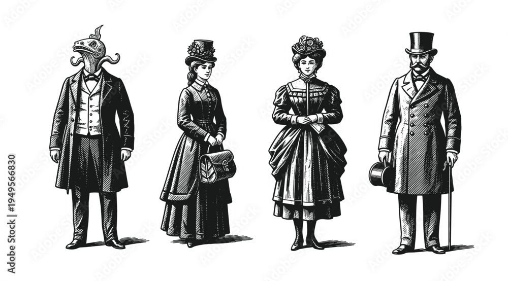 Obraz premium Vintage engraving style illustration set featuring victorian era ladies and gentlemen silhouettes