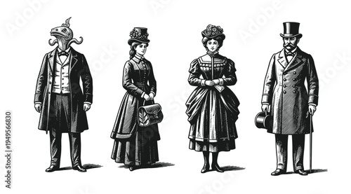 Vintage engraving style illustration set featuring victorian era ladies and gentlemen silhouettes