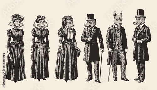 Vintage hand drawn sketch of anthropomorphic animals  in Victorian gentleman suits, dapper animal characters, formal attire, cad drawing flat vector illustration