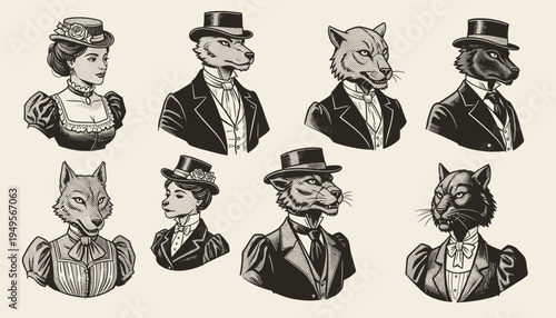 Vintage hand drawn sketch of anthropomorphic animals  in Victorian gentleman suits, dapper animal characters, formal attire, cad drawing flat vector illustration