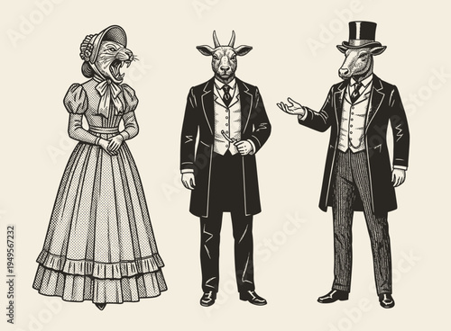 Vintage engraving style illustration set depicting Victorian era ladies and gentlemen silhouettes with classic historical fashion and elegant retro character design.
