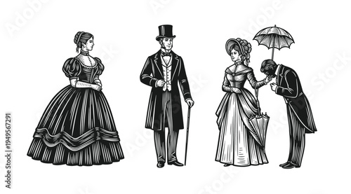 Vintage engraving style illustration set featuring victorian era ladies and gentlemen silhouettes