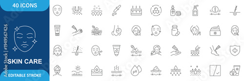 Skin care icons set. Containing Moisture cream, acid, anti wrinkle serum, ceramide, collagen, retinol compound, sunscreen. Editable stroke.
