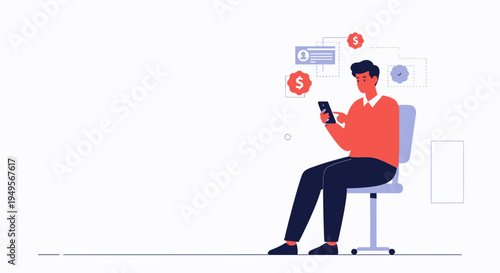 Man using smartphone for online banking and financial transactions, modern flat illustration