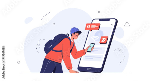 Young man with backpack using smartphone near giant mobile phone screen