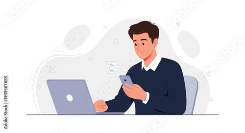 Man working on laptop and phone, modern office, business concept