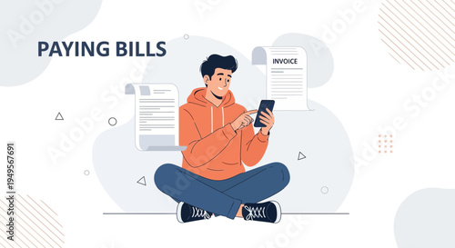 Man Paying Bills Online Using Mobile Phone, Financial Management Concept