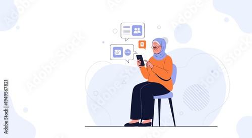 Elderly Muslim Woman Using Smartphone for Communication and Social Media