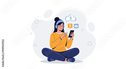 Young woman with headphones using smartphone, cloud, money and email icons