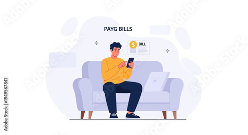 Man Paying Bills Online Using Mobile Phone While Relaxing on Sofa