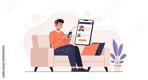 Man with headphones using smartphone on couch, connected to social media app on phone