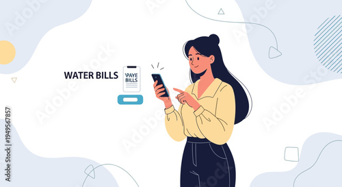 Woman Paying Water Bills Online Using Mobile Phone App