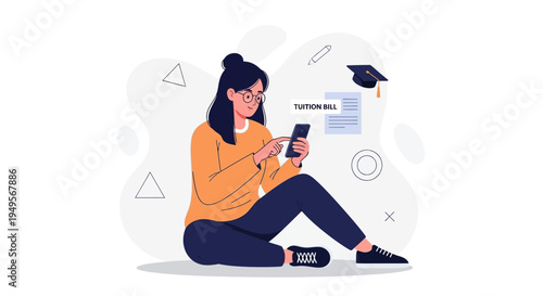 Student Paying Tuition Bill Online Using Mobile Phone, Education Concept