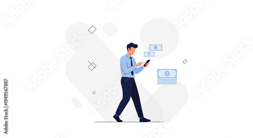 Man using smartphone for online banking and financial transactions, money icons
