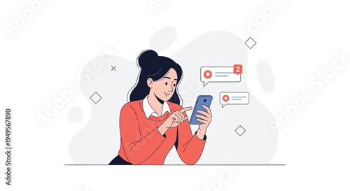 Woman Using Smartphone for Messaging, Receiving Notifications, Modern Flat Illustration