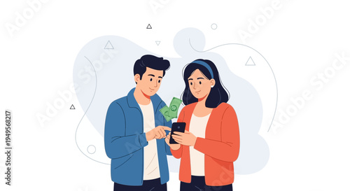 Couple using smartphone for online payment with cash, digital finance concept