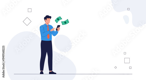 Man using smartphone for online banking, money flying out, digital finance concept