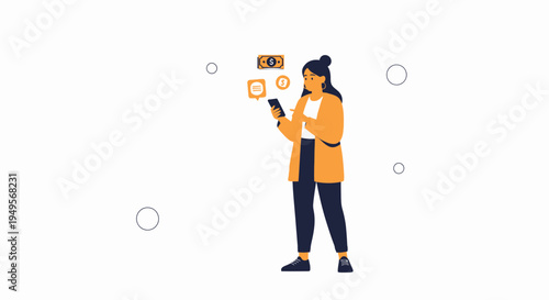 Woman using smartphone for online banking, finance, and payments with icons.