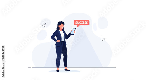 Businesswoman receives success notification on smartphone, modern flat illustration