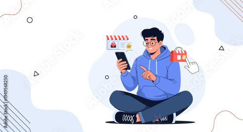 Young man using smartphone for online shopping with shopping bag and store icons