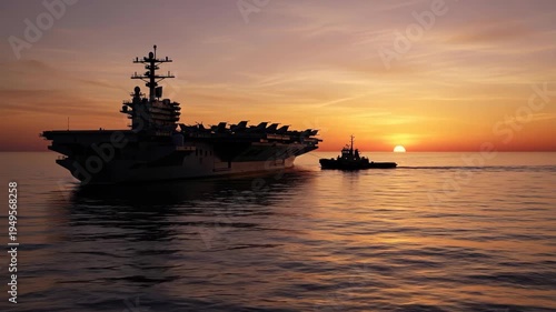 Aircraft carrier silhouette cruising open sea at sunset with support tugboat and golden sky