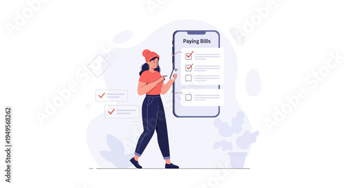 Woman paying bills online on smartphone, checklist and to-do list concept