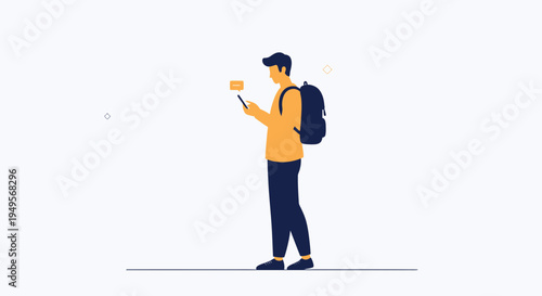 Man with backpack taking selfie with phone and selfie stick, travel concept
