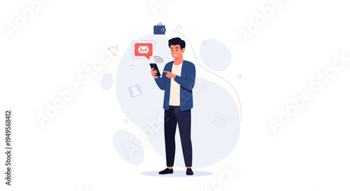 Man using smartphone receiving message notification, digital communication concept