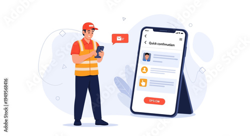 Delivery man using smartphone for quick confirmation and order tracking