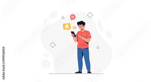 Man using smartphone with social media and chat icons floating around him