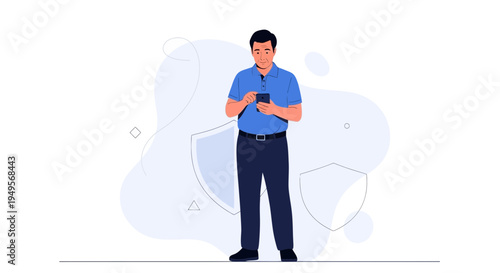 Man using smartphone with shield icon, representing security and digital protection