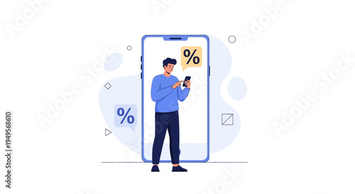Man using smartphone with percentage symbols, online shopping, discounts, e-commerce concept