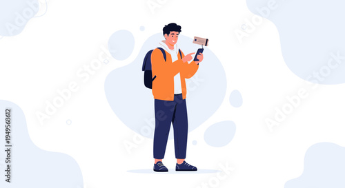 Young man vlogging with smartphone on gimbal, wearing backpack, orange jacket