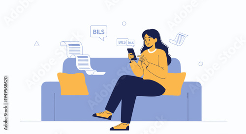 Woman managing bills on phone at home, online payment concept