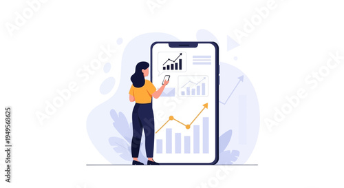Woman analyzing financial charts on smartphone, business growth concept