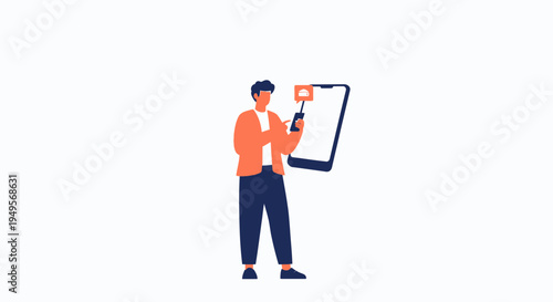 Man filming himself with smartphone and selfie stick, social media concept