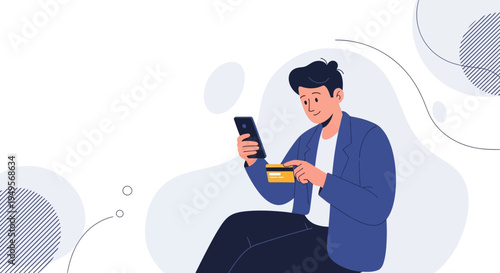 Man using smartphone and credit card for online payment, digital banking concept