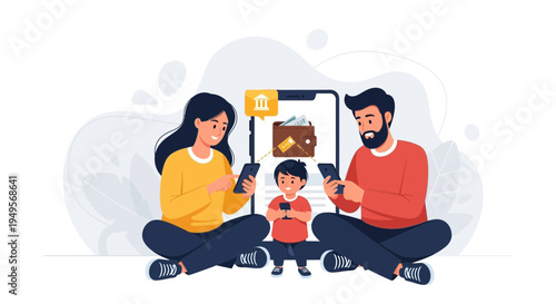 Family Using Smartphones for Online Banking and Financial Transactions