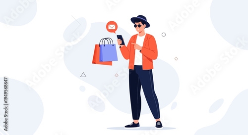 Man with Shopping Bags Using Smartphone, Notification Icon, Online Shopping Concept