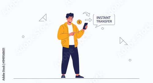 Man using smartphone for instant money transfer, digital finance concept