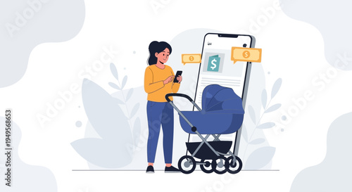 Woman with Stroller Using Smartphone for Online Shopping and Financial Transactions
