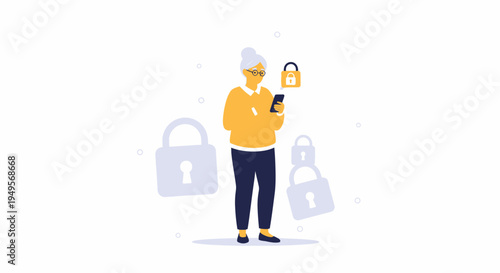 Elderly Woman Securing Digital Information on Smartphone with Padlock Icons