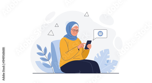 Elderly Muslim woman in hijab using smartphone, texting, online communication, modern lifestyle