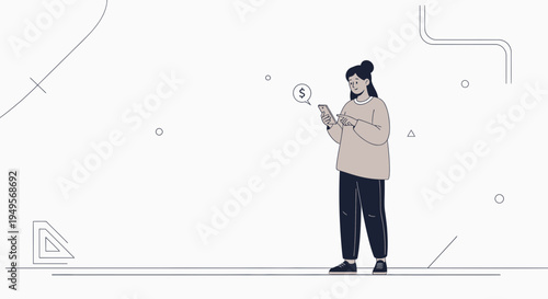 Woman Using Smartphone for Online Banking or Shopping with Dollar Sign