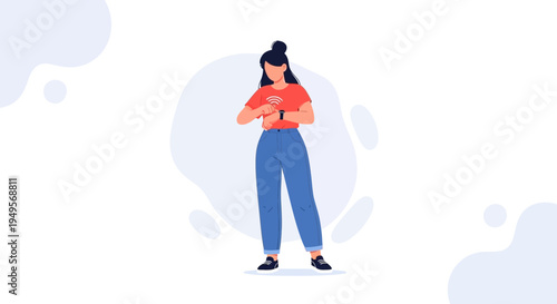 Woman in casual clothes checking smartwatch, modern lifestyle, technology concept