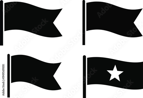 Four distinct black flag designs with unique symbols or shapes in a grid layout Vector