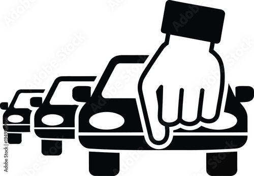 Black silhouette of hand pointing down at a car in traffic  rejecting or disapproving vector icon