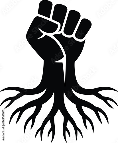 Black silhouette of raised fist with roots growing out  symbol of strength and resilience