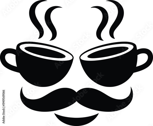 Funny face made of two coffee cups and a mustache  steaming hot beverage concept